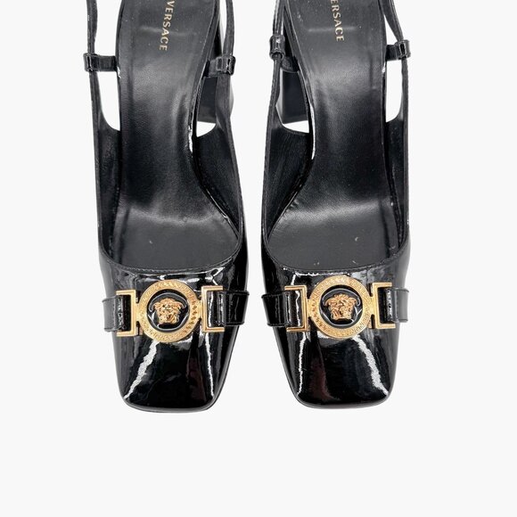Versace Medusa Slingback Pumps Size 37 US 7 Black Patent Leather Block Heel - Picture 4 of 14